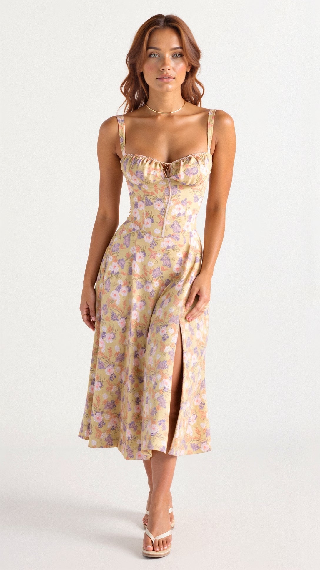 Women's Floral Midi Dress With Corset Bodice