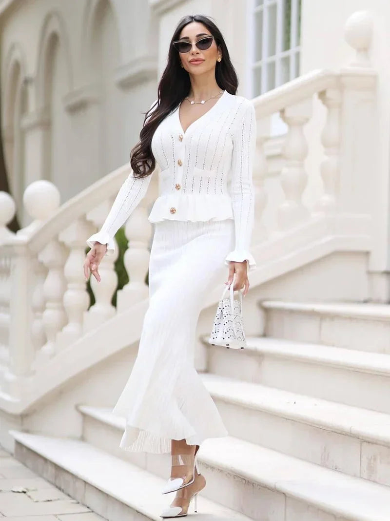 Side view of a women's knitted two-piece set with a streamlined fit