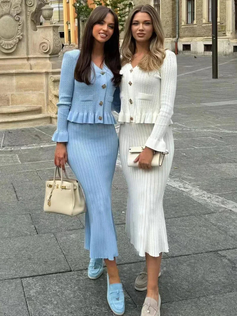 Women's matching knitted top and bottom set displayed together