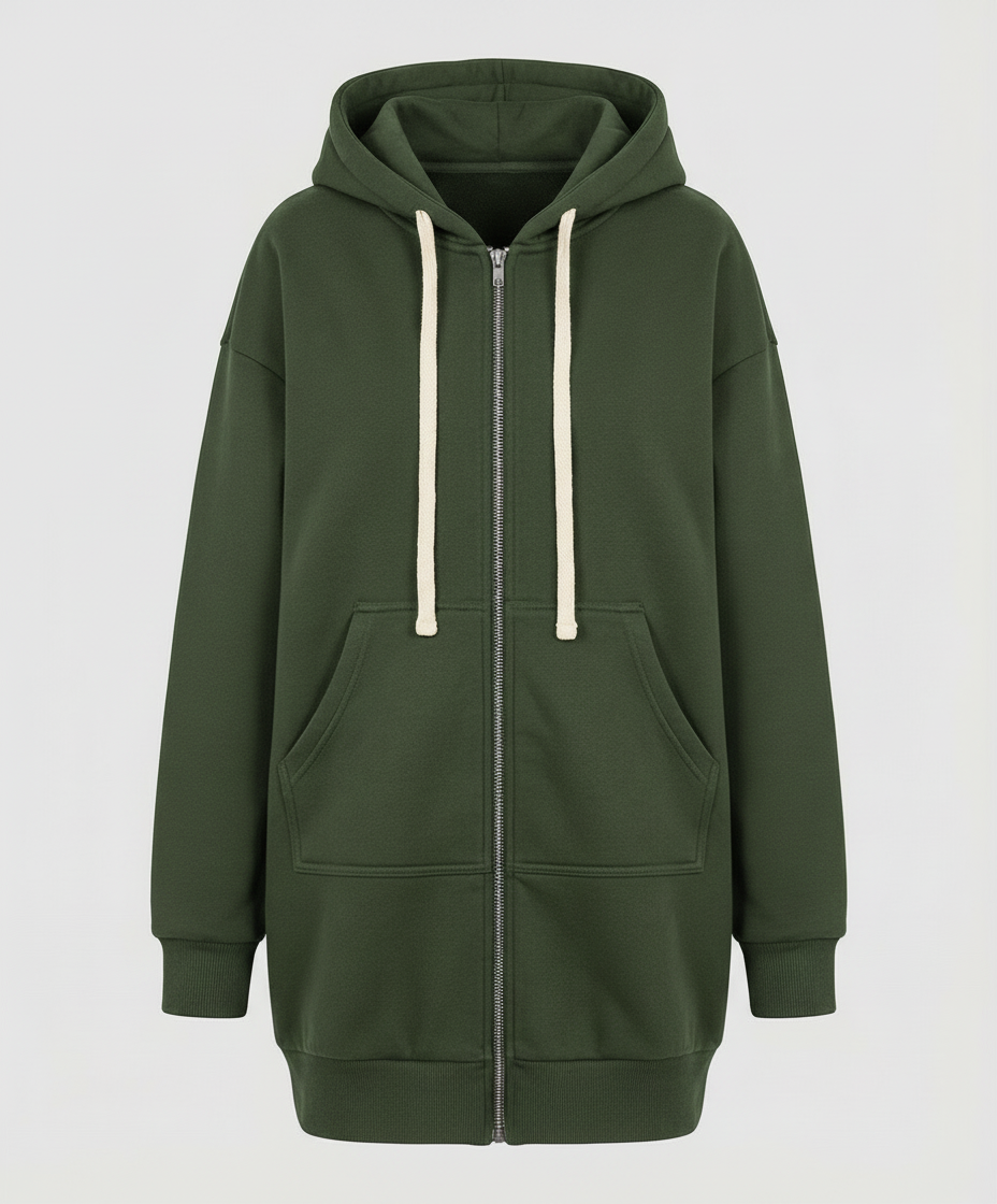 Hooded neckline detail on the women's zip hoodie