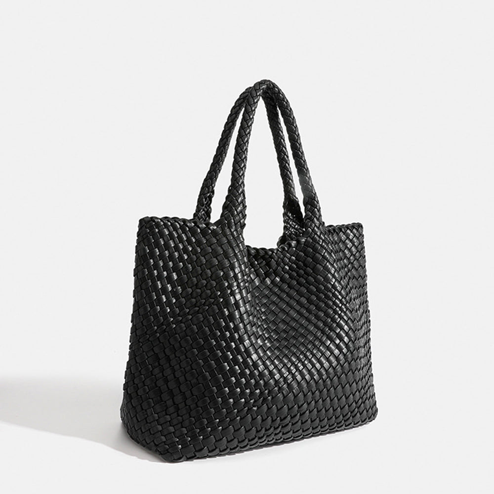Women's woven carryall tote bag with wide opening and shoulder straps