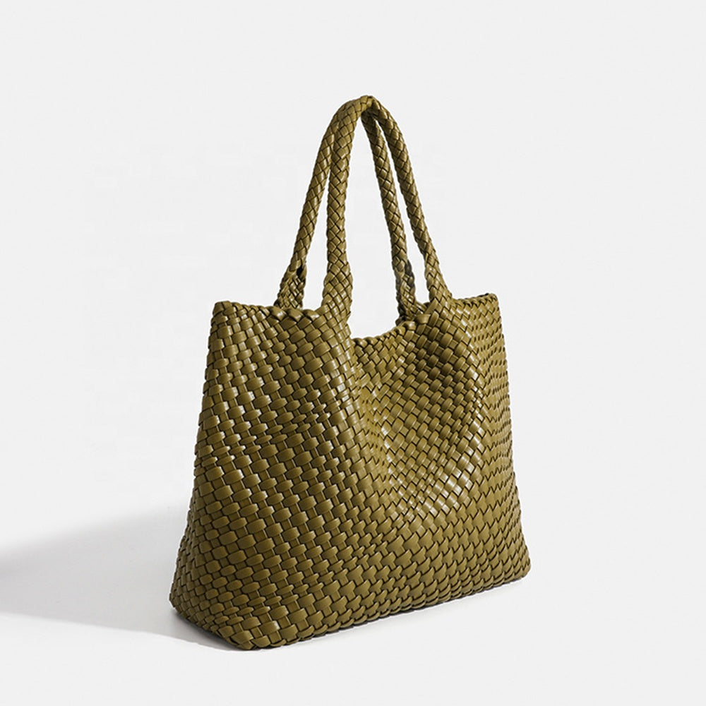 Spacious woven handbag for women displayed from the side