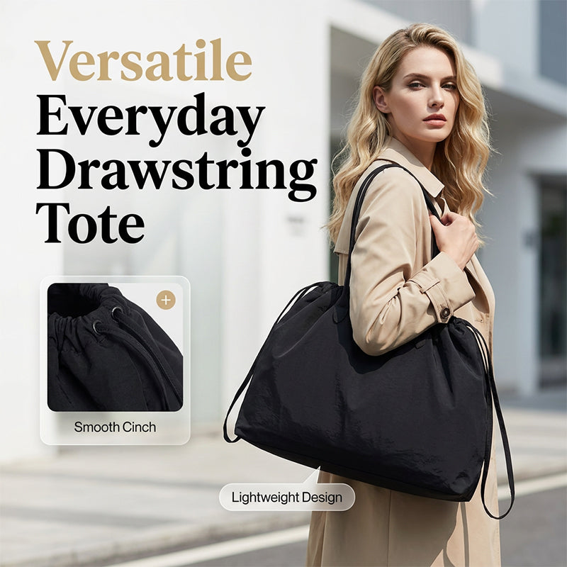 Water-resistant tote bag with drawstring closure angled view
