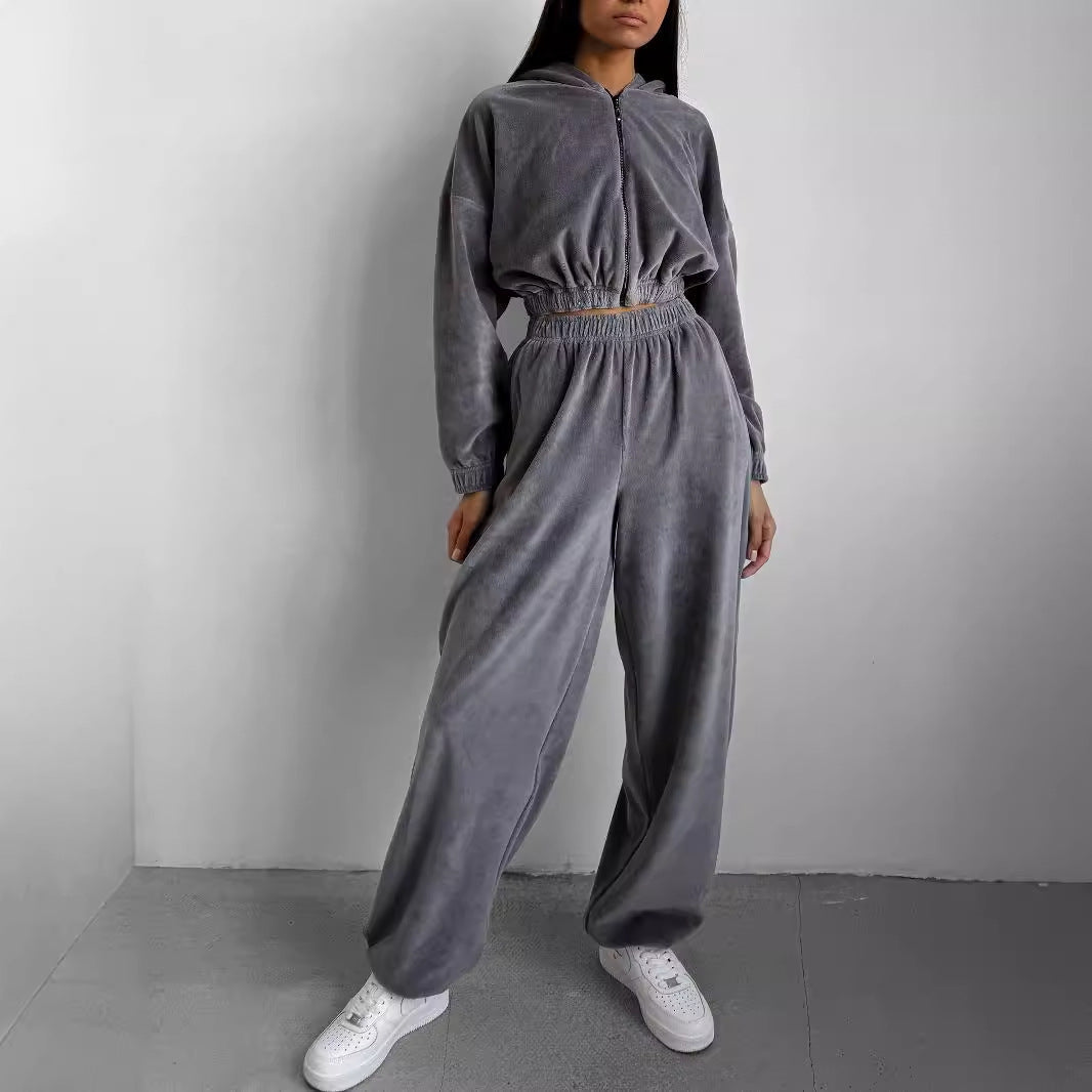 Women's velvet lounge set with cropped zip top and wide-leg pants