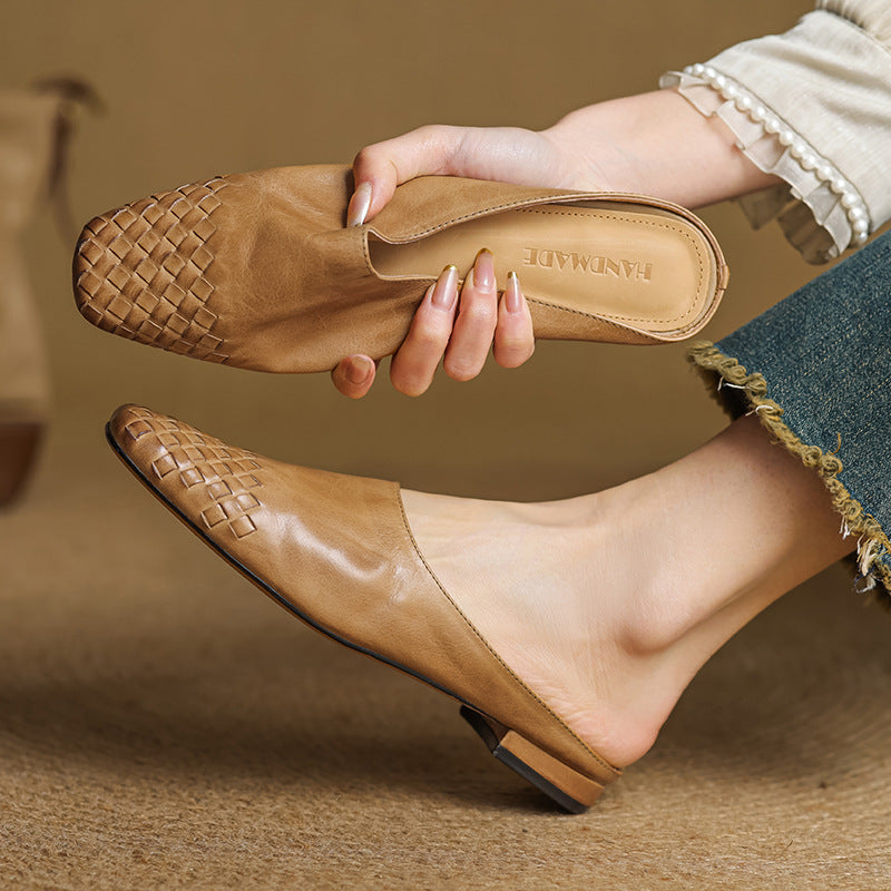 Leather Mules With Woven Toe And Cushioned Insole