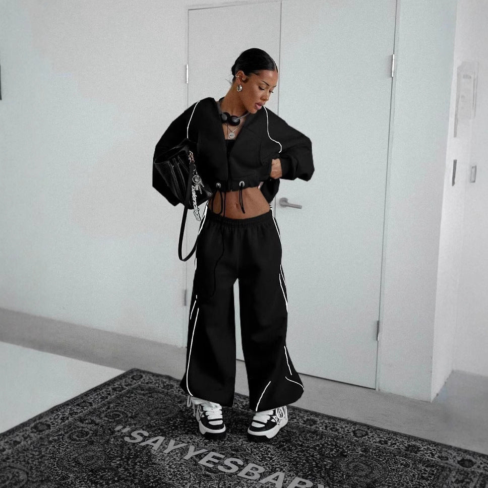 Women's oversized zip hoodie paired with wide-leg lounge pants
