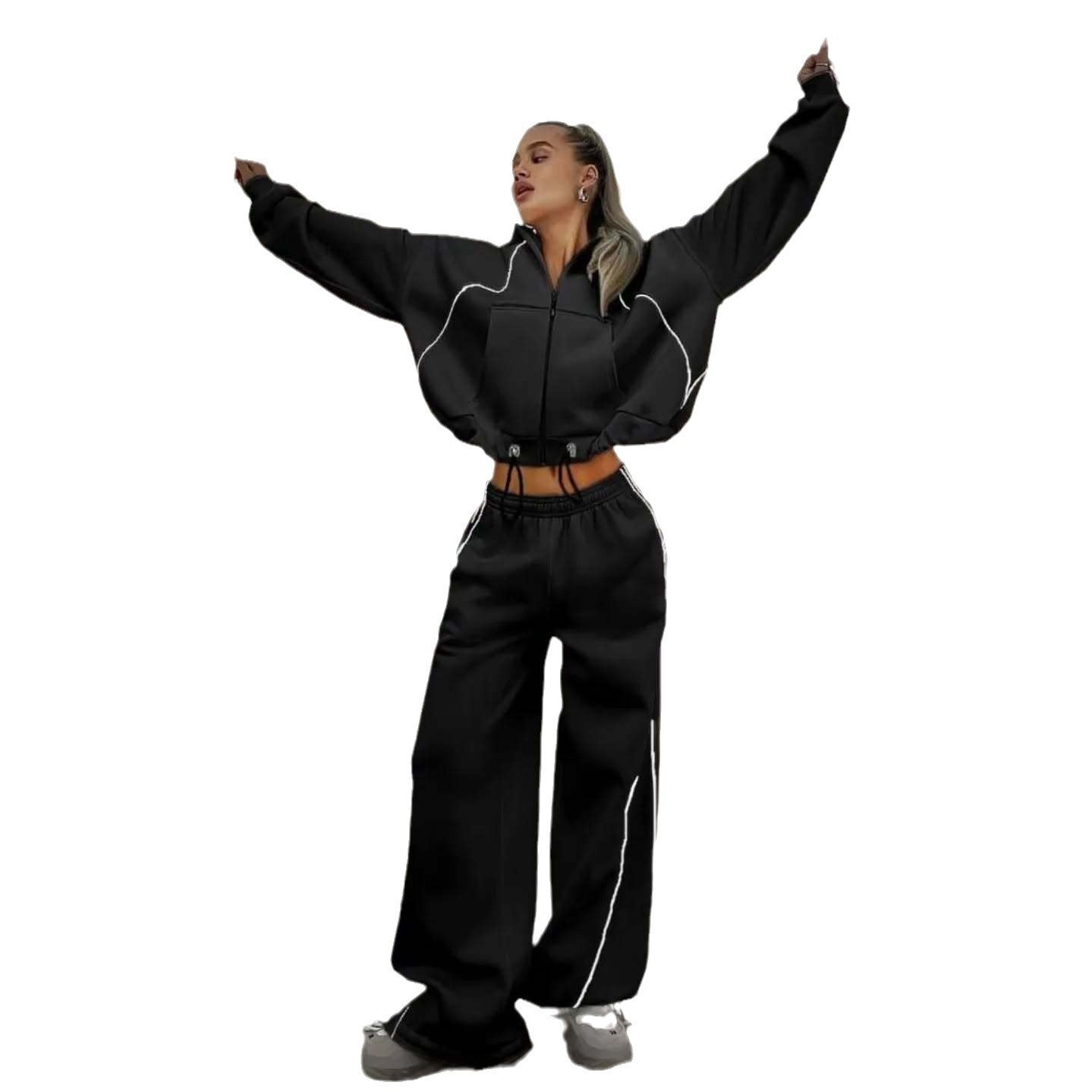 Wide-leg tracksuit pants styled with a matching zip hoodie