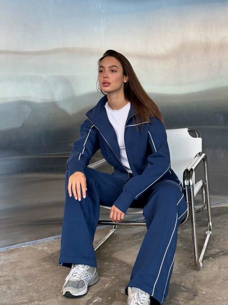 Full-length view of the women's two-piece zip jacket lounge outfit