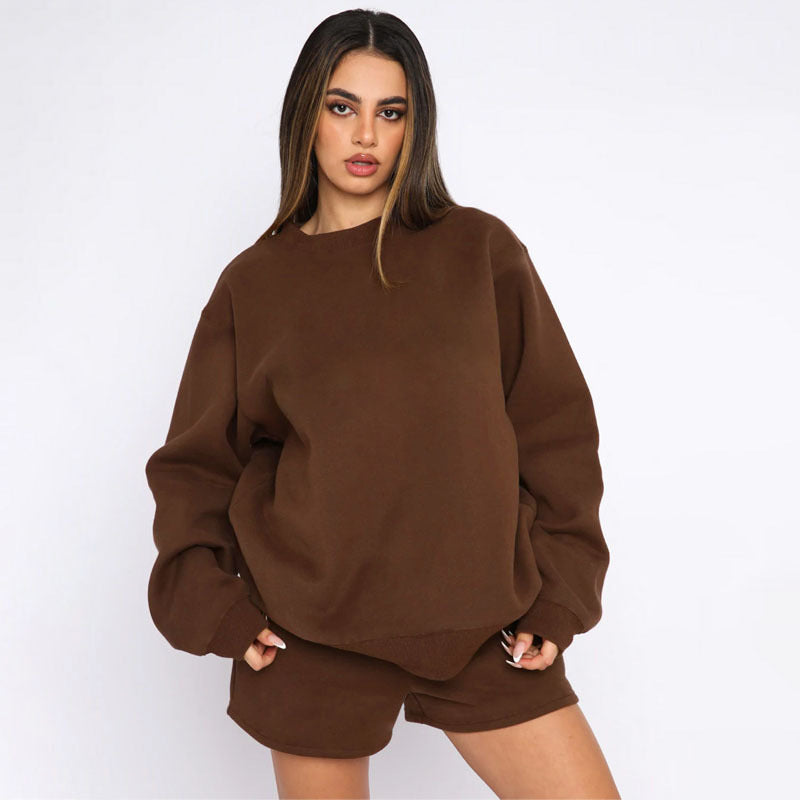 Women's oversized terry sweatshirt styled with coordinating lounge shorts