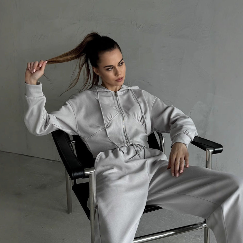 Front view of women's cropped hoodie and wide-leg lounge set