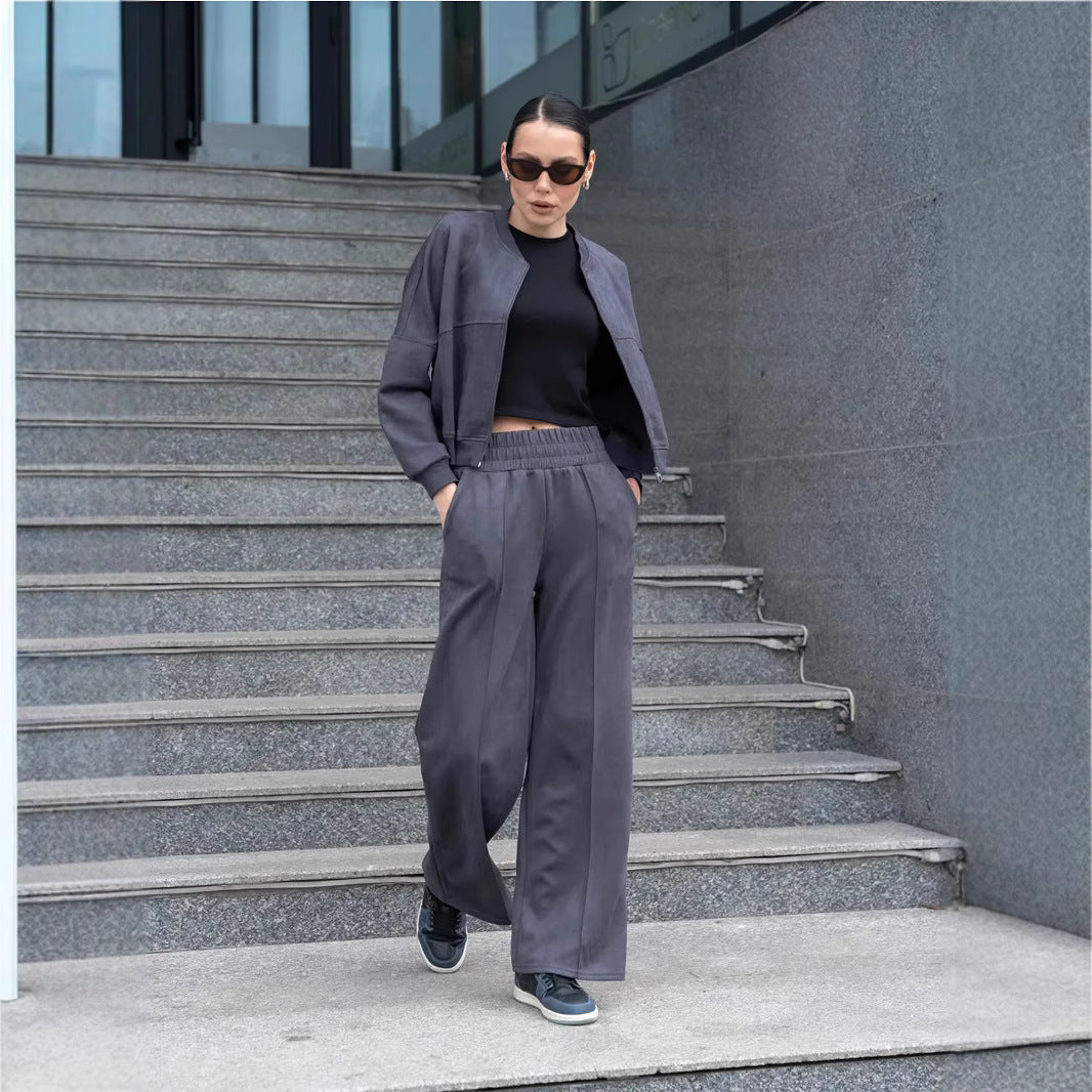 Velour lounge set shown with high-waist wide-leg pants