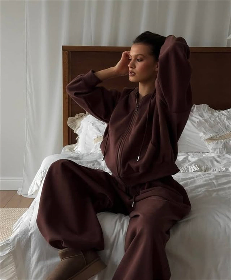Full outfit view of the women's hoodie and wide-leg joggers