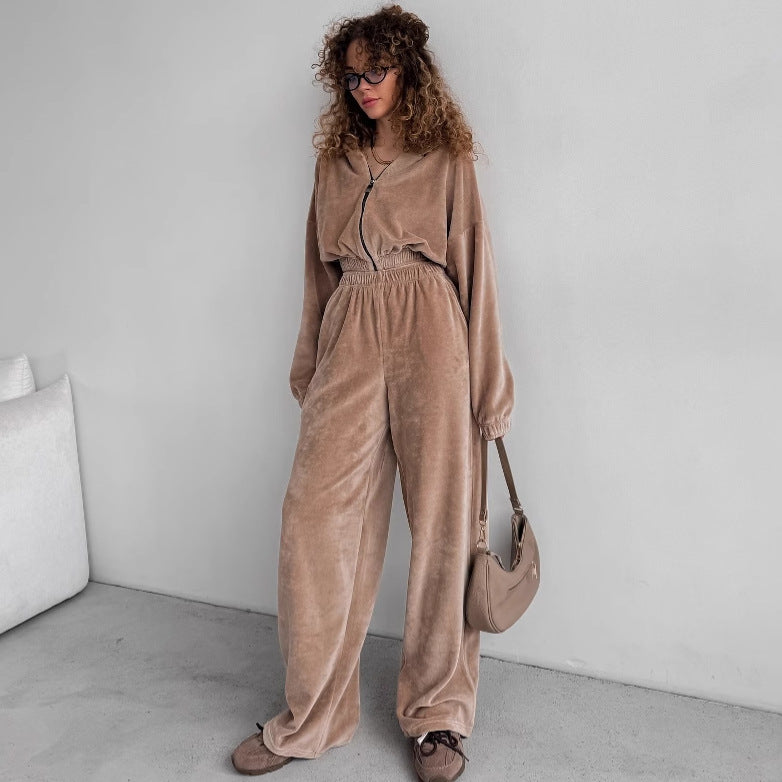 Front view of a women's velvet two-piece lounge outfit