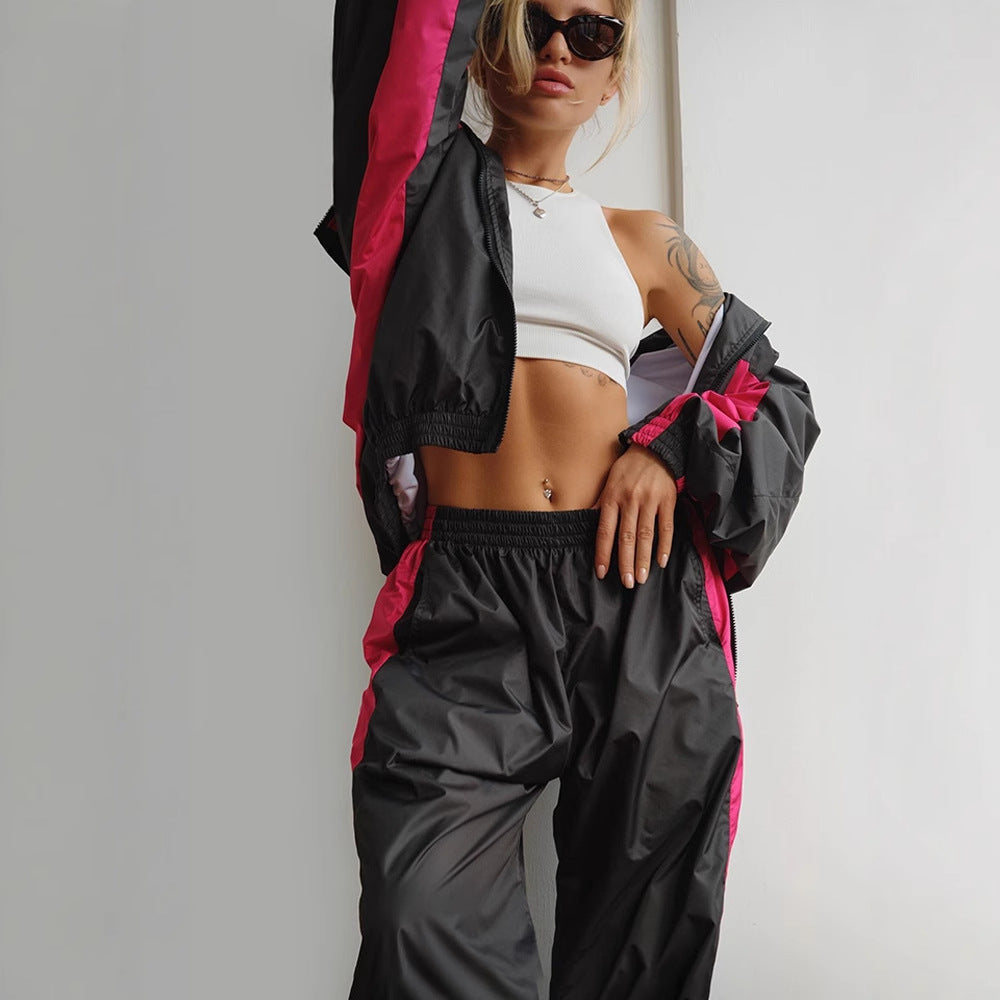 Women's windbreaker tracksuit set designed for travel and daily wear