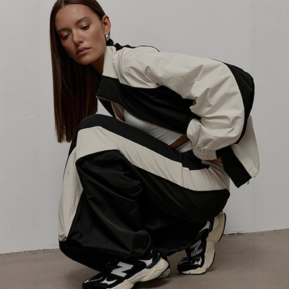 Close-up of the stand collar on a women's oversized track jacket