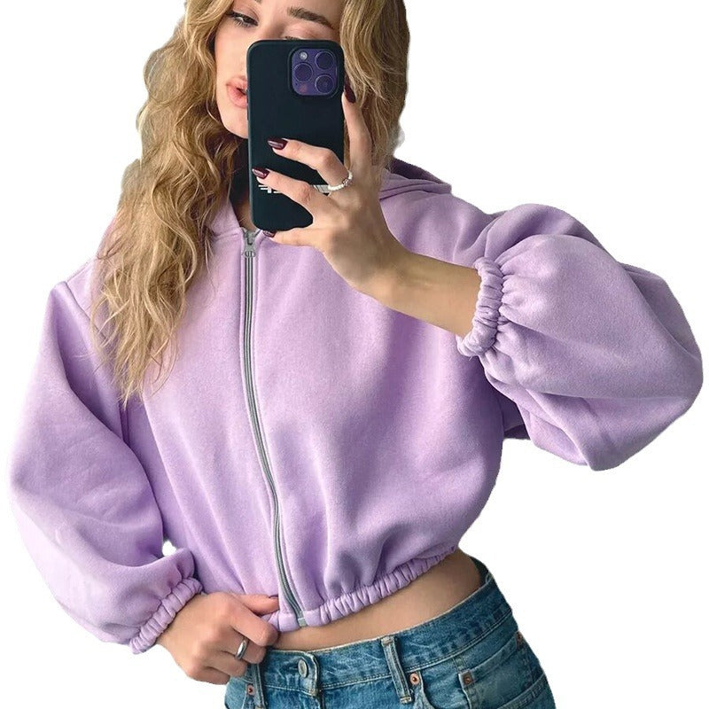 Side view of the oversized cropped hooded jacket