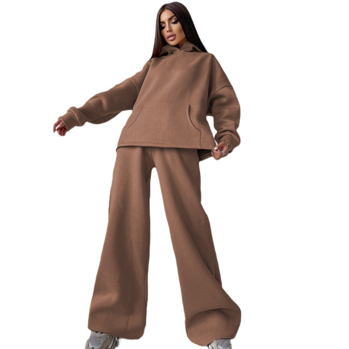 Soft casual hoodie and flare pants matching outfit