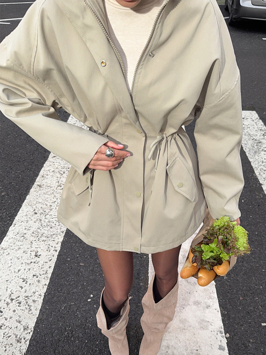 Field jacket front view showing the drawstring waist detail