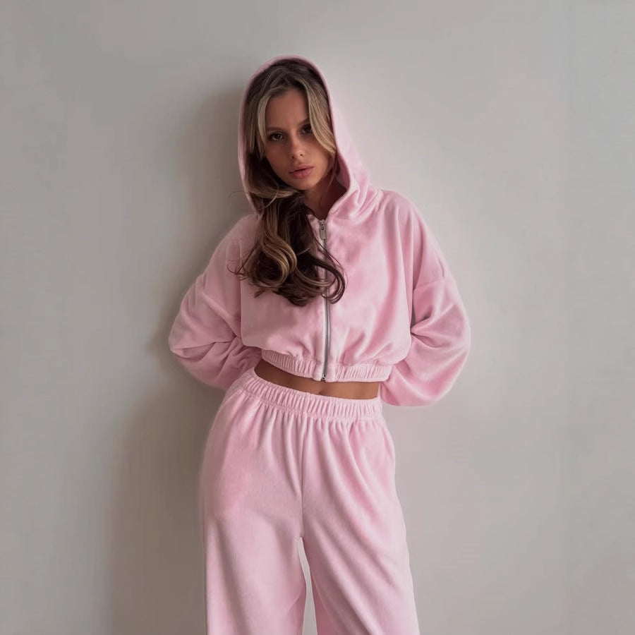 Side view of the relaxed wide-leg pants in the velvet set