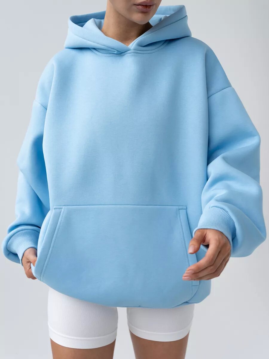 Full view of the oversized pullover hoodie with ribbed cuffs and hem