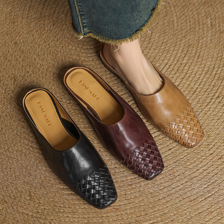 Close-up of the woven toe on a leather mule