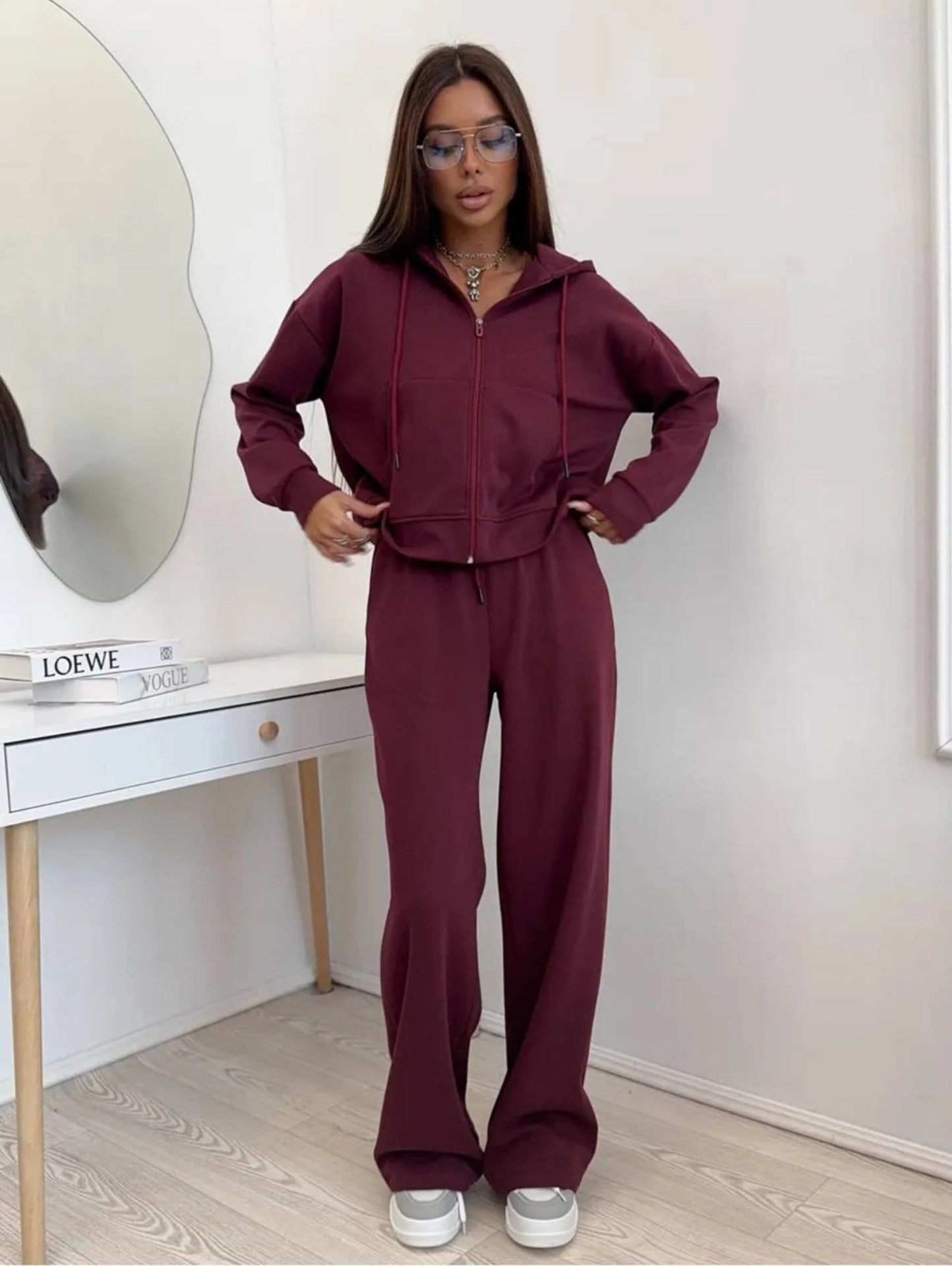 Side view of women's wide-leg lounge pants with a relaxed fit