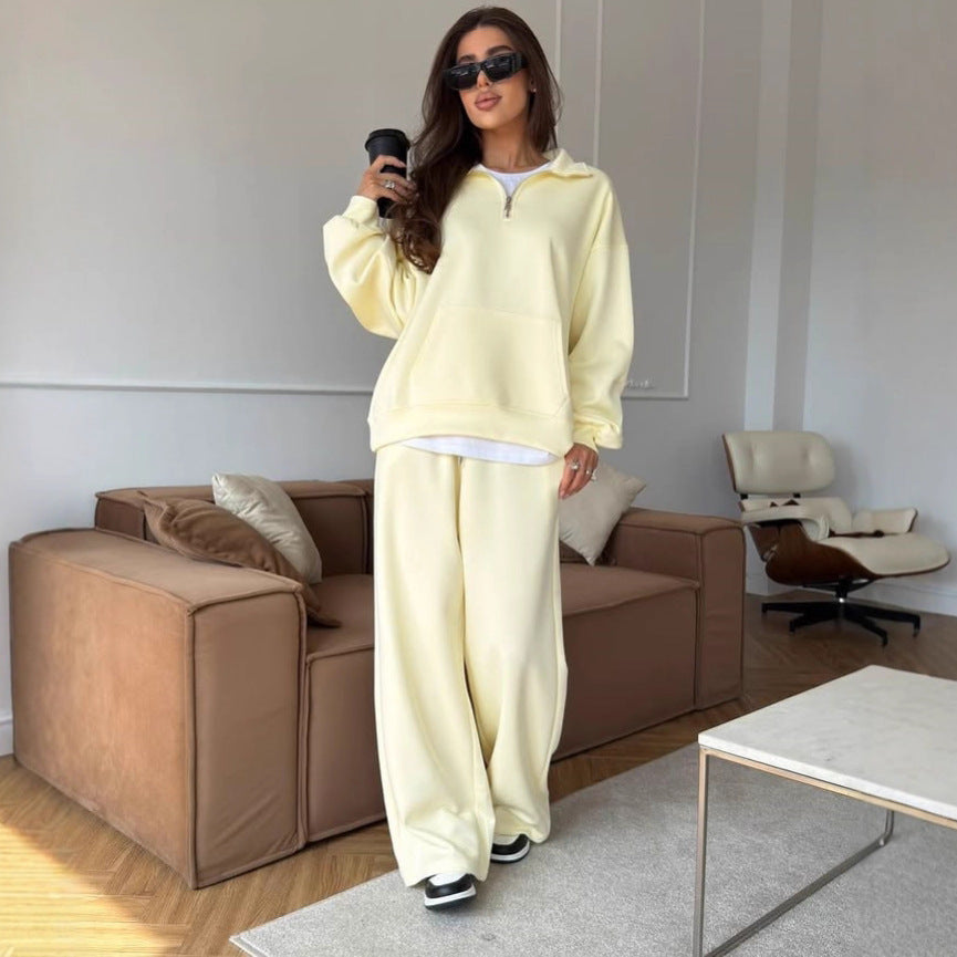 Wide-leg lounge pants paired with a matching hooded top