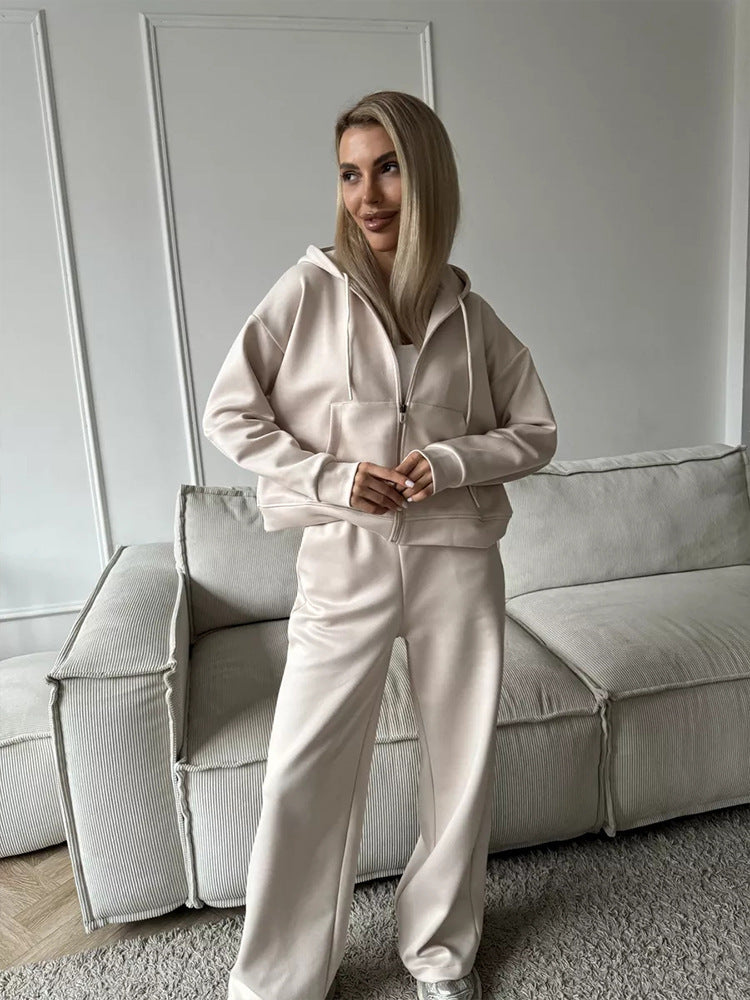 Full-length view of relaxed women's wide-leg sweatpants
