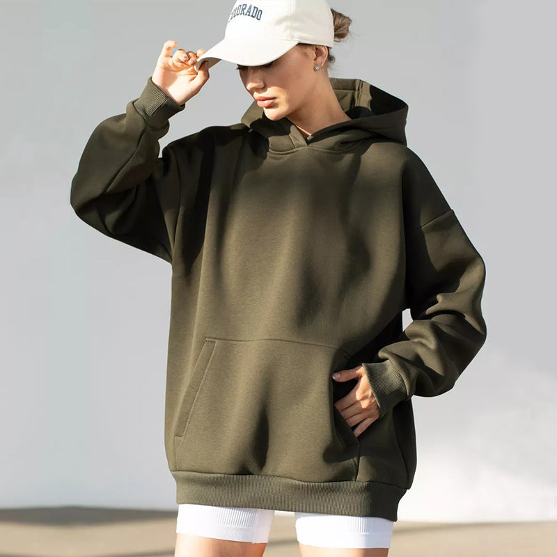 Close view of the fleece hoodie hood and neckline with a relaxed dropped-shoulder design
