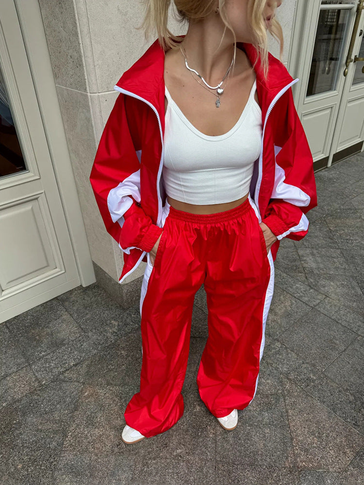 Women's Windbreaker Tracksuit Set With Wide-Leg Pants
