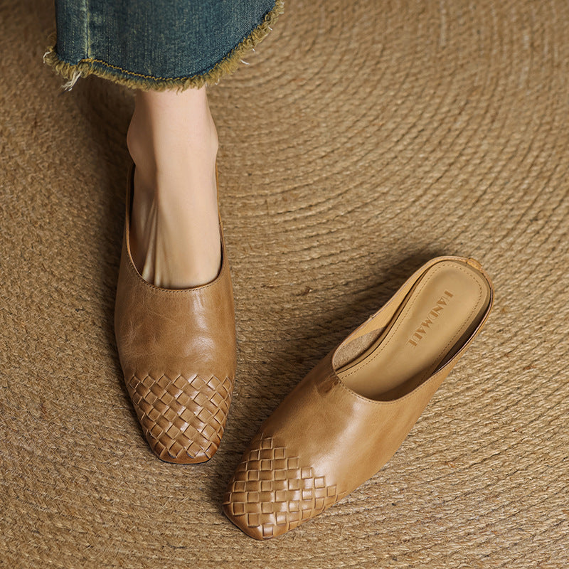 Leather mule upper featuring a textured woven toe