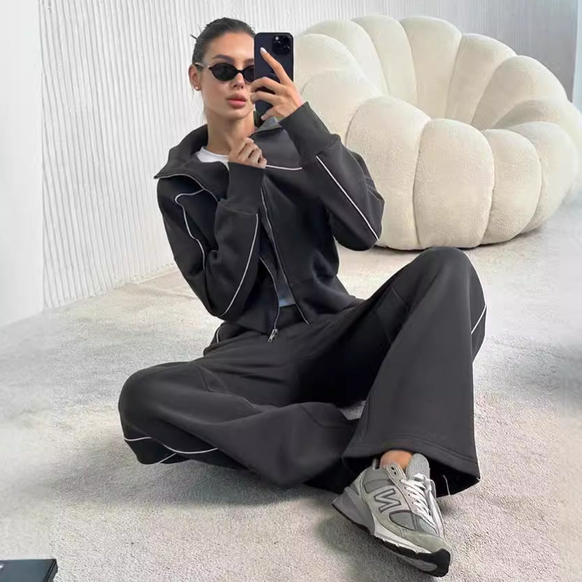 Women's two-piece loungewear set with a zip-front jacket and matching bottoms