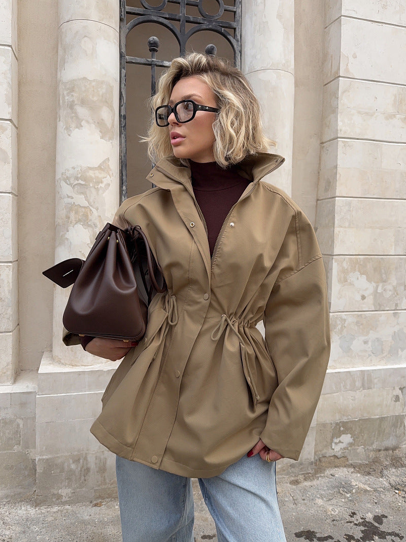 Stand Collar Field Jacket With Drawstring Waist