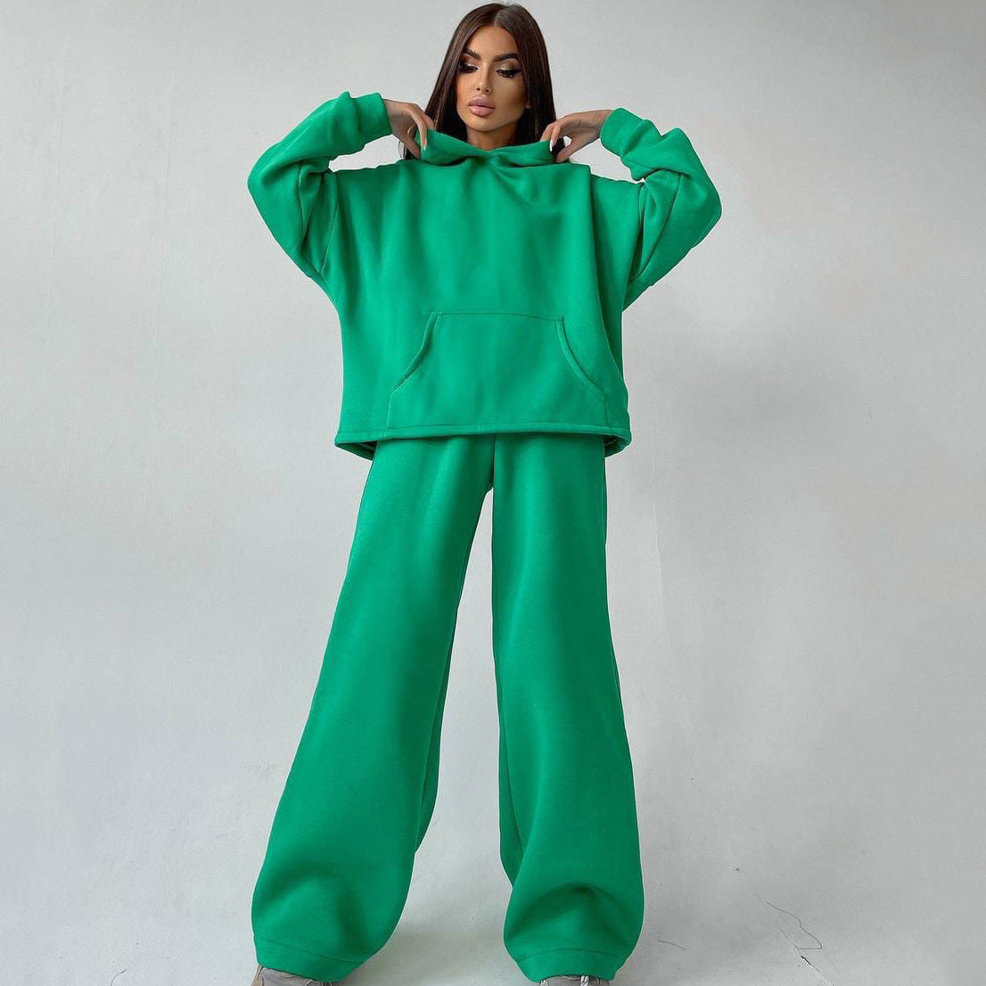 Oversized hoodie paired with matching flare pants