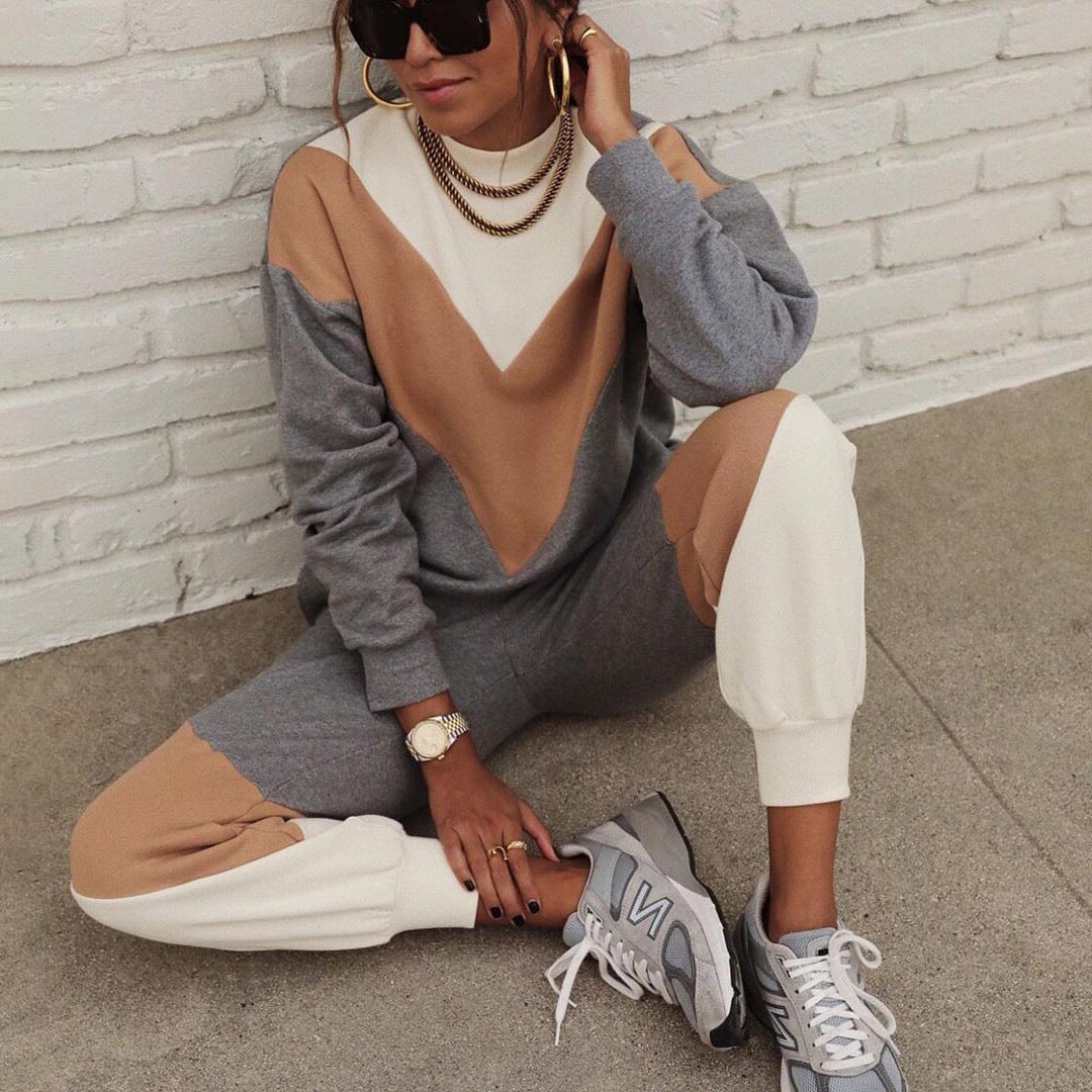 Women's color-block sweatshirt and jogger pants set shown together
