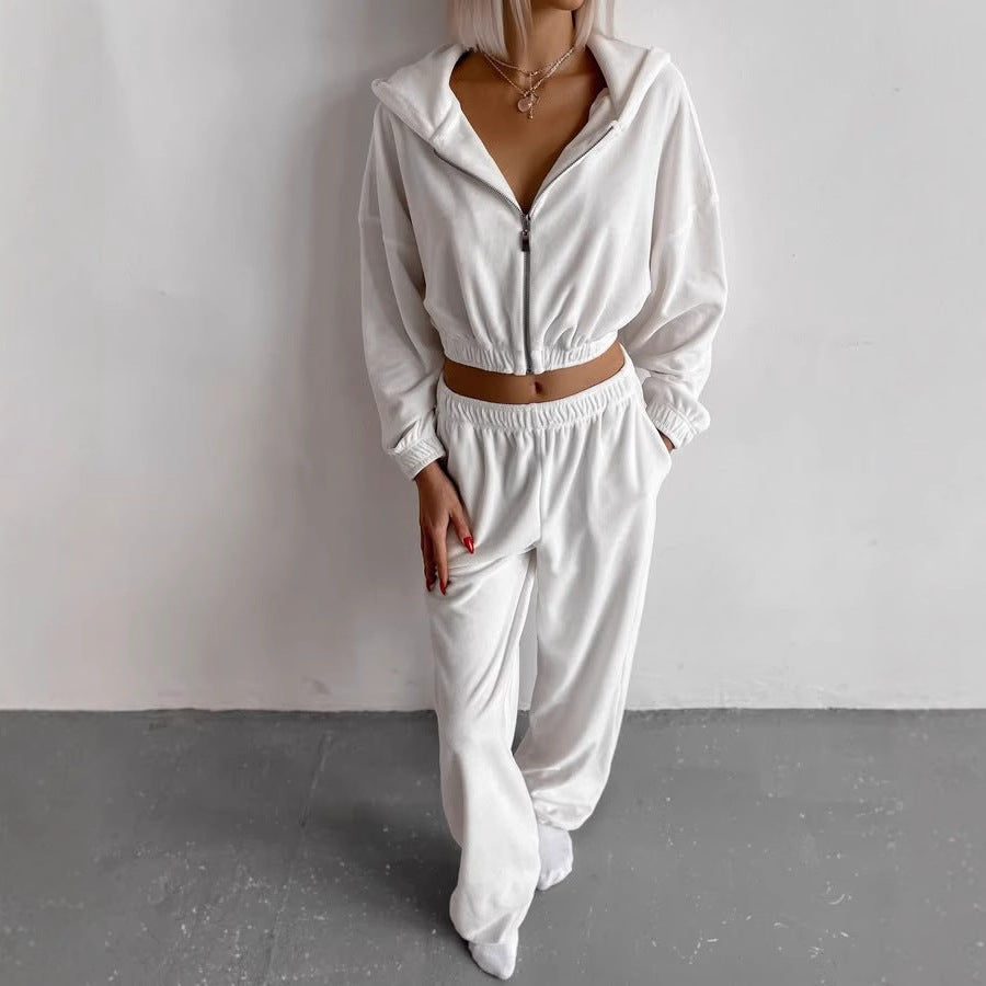 Cropped velvet zip top paired with wide-leg lounge pants