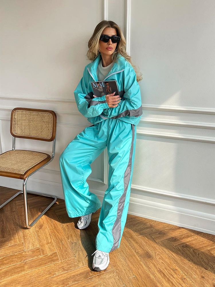 Women's Windbreaker Tracksuit Set With Wide-Leg Pants