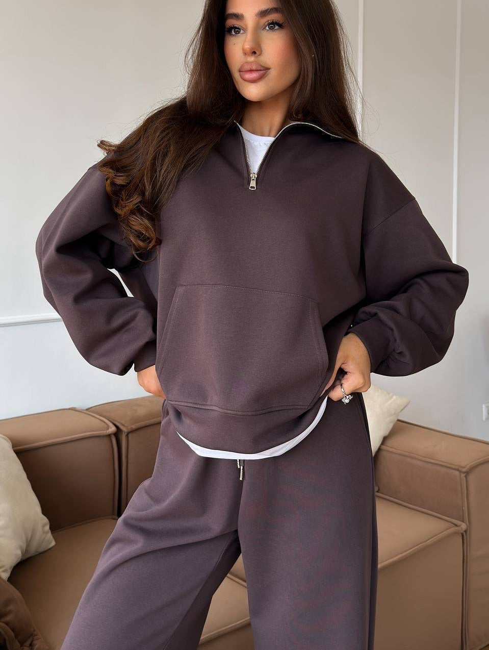 Women's Half-Zip Lounge Set With Hoodie And Wide-Leg Pants