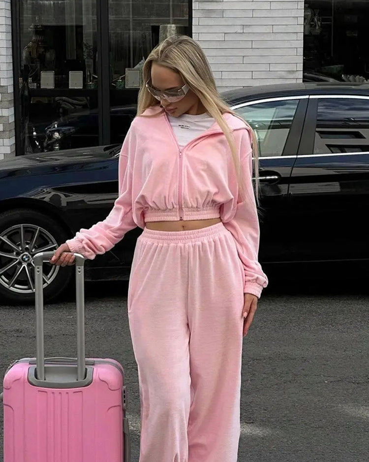 Full view of a women's velvet hoodie and jogger set