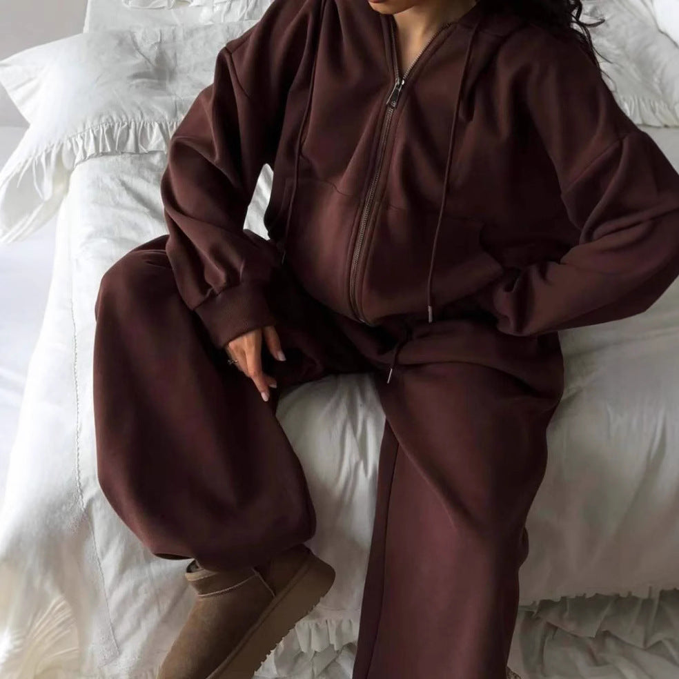 Women's lounge set with oversized zip hoodie and wide-leg joggers