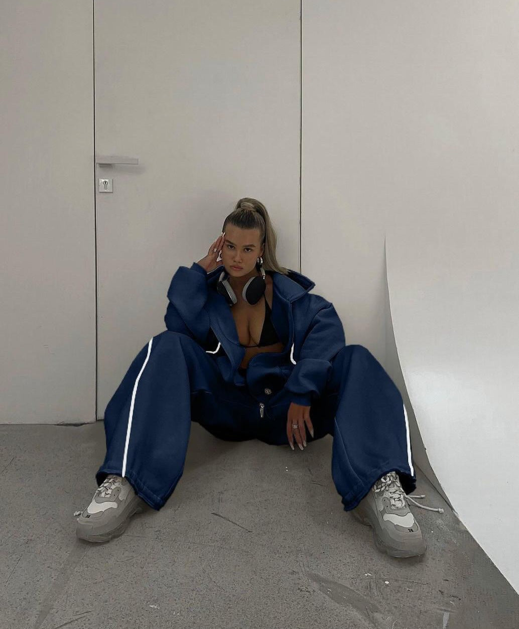 Women's coordinated hoodie and wide-leg pants lounge outfit