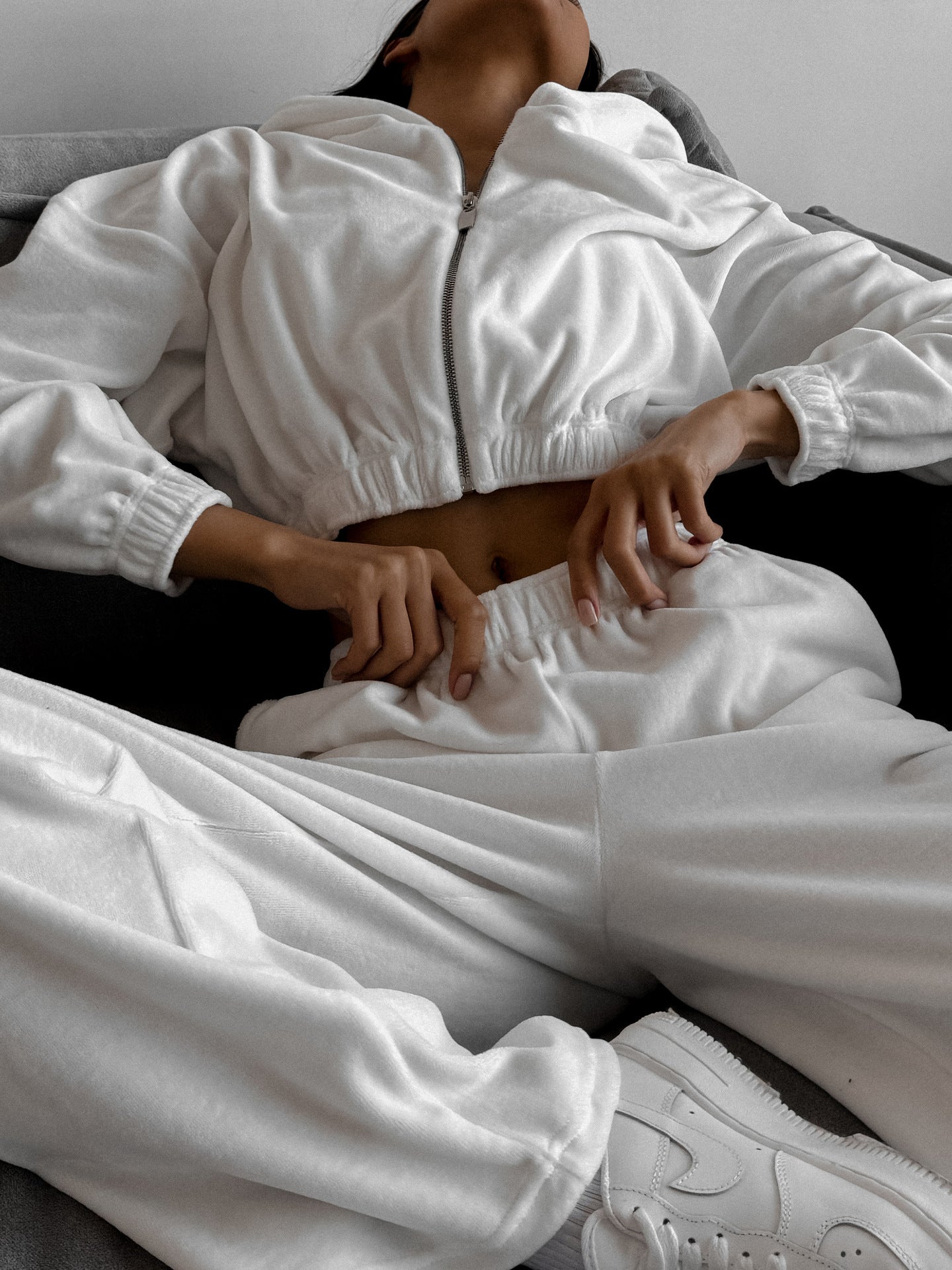Wide-leg pants and cropped top styled as a coordinated lounge look