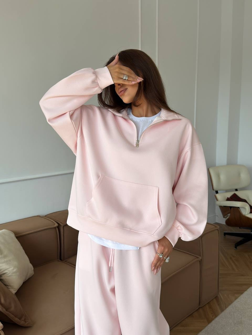 Women's Half-Zip Lounge Set With Hoodie And Wide-Leg Pants