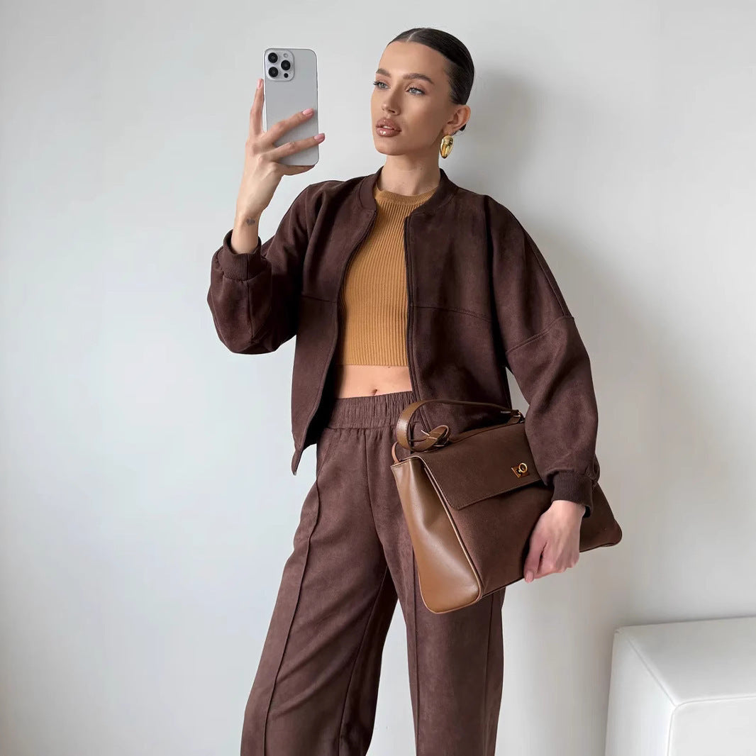Women's velour lounge set with a short zip hoodie and wide-leg pants