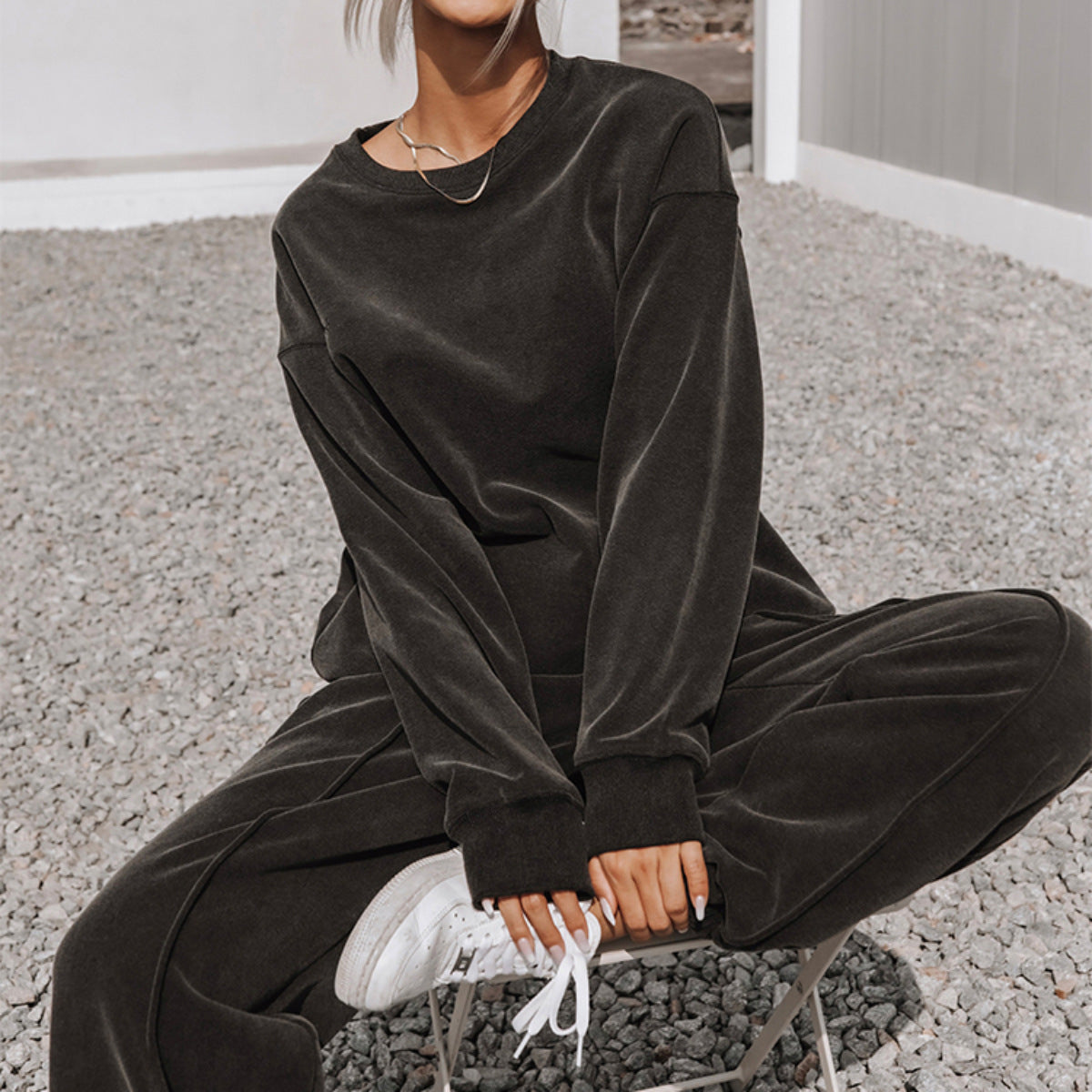 Side view showing the oversized fit of a women's vintage-washed lounge set