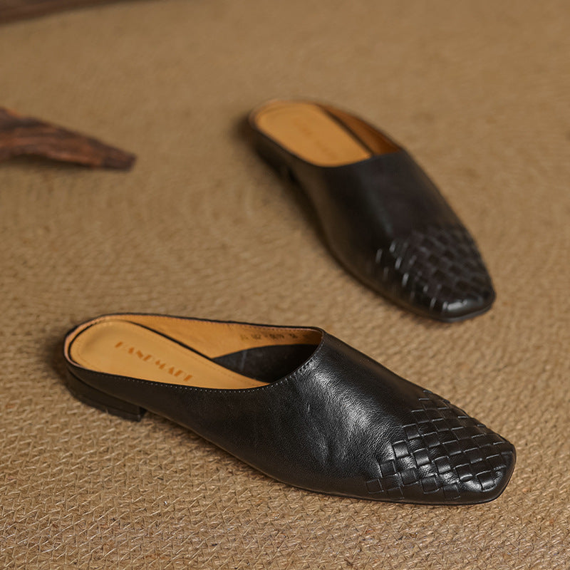 Leather Mules With Woven Toe And Cushioned Insole