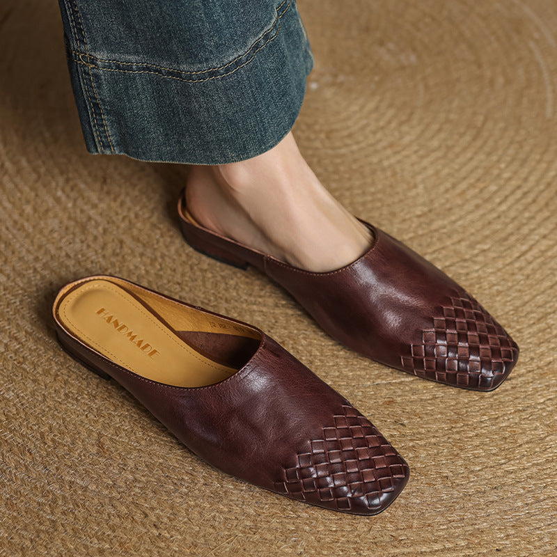 Leather Mules With Woven Toe And Cushioned Insole