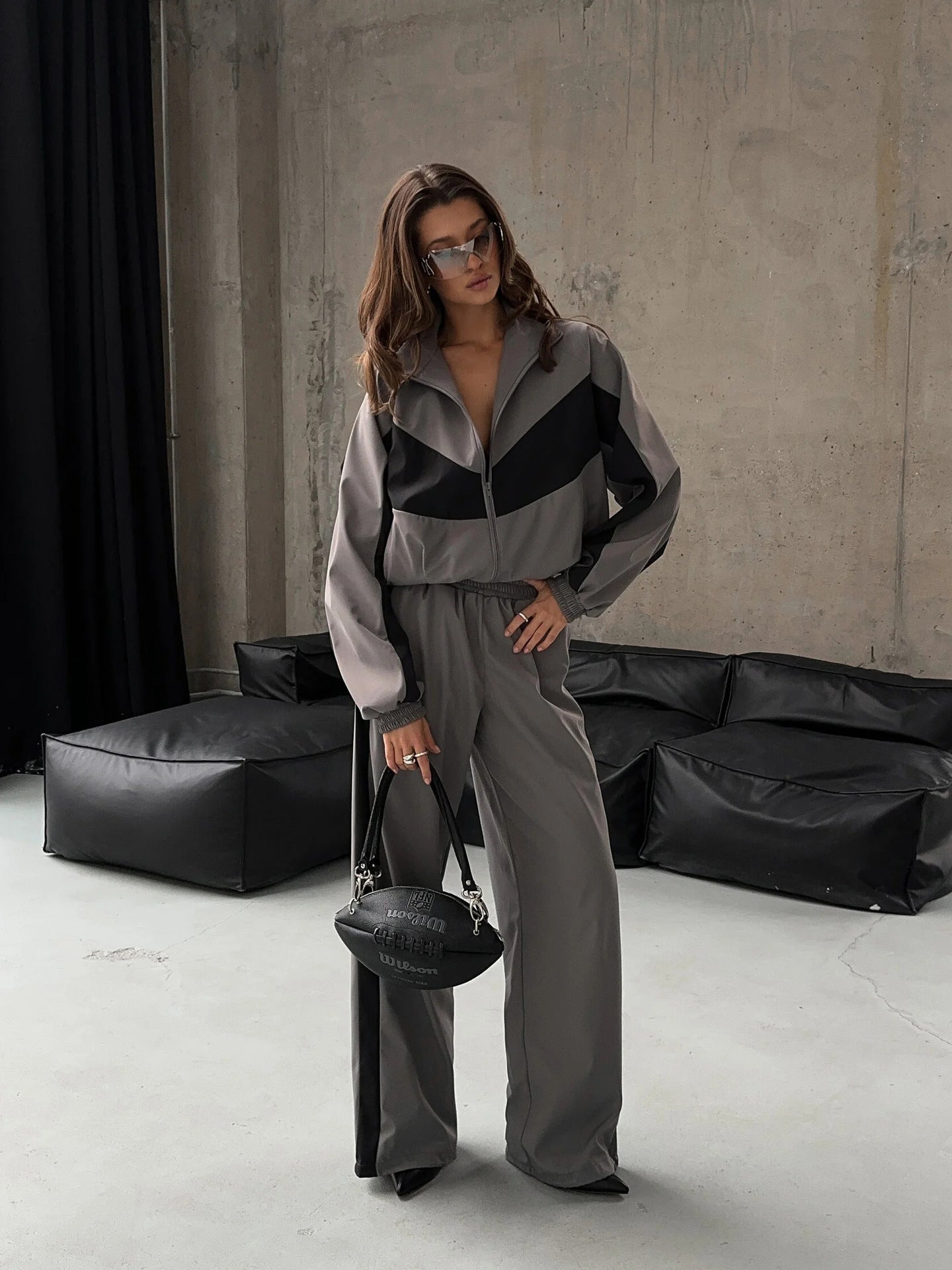 Women's Windbreaker Tracksuit Set With Wide-Leg Pants