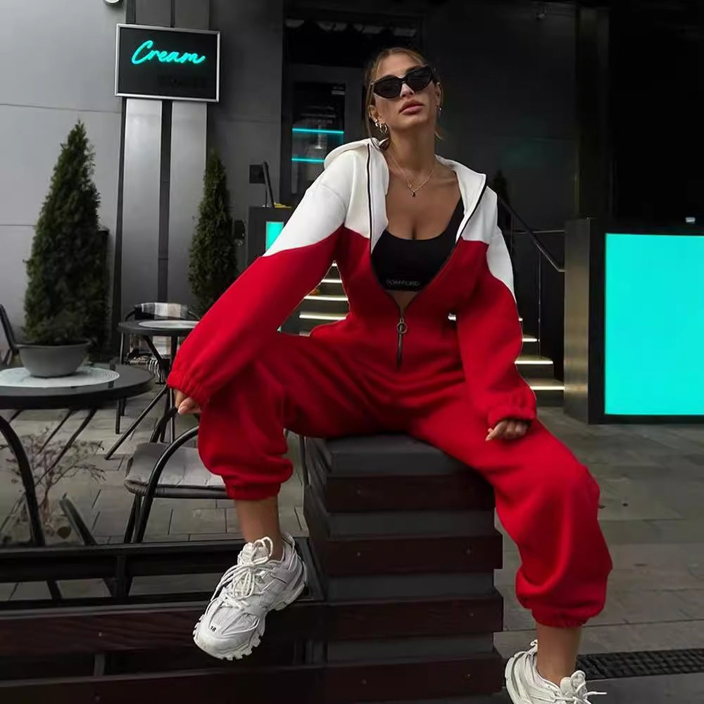 Front view of a women's cropped zip hoodie lounge set