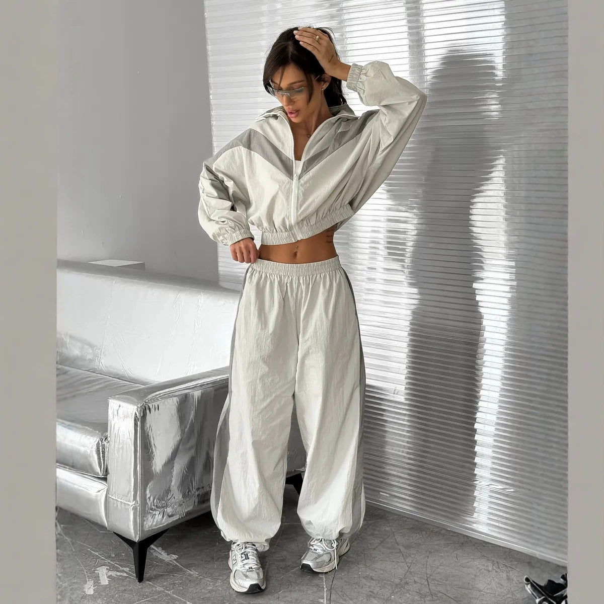 Close-up of the stand collar on a women's satin track suit